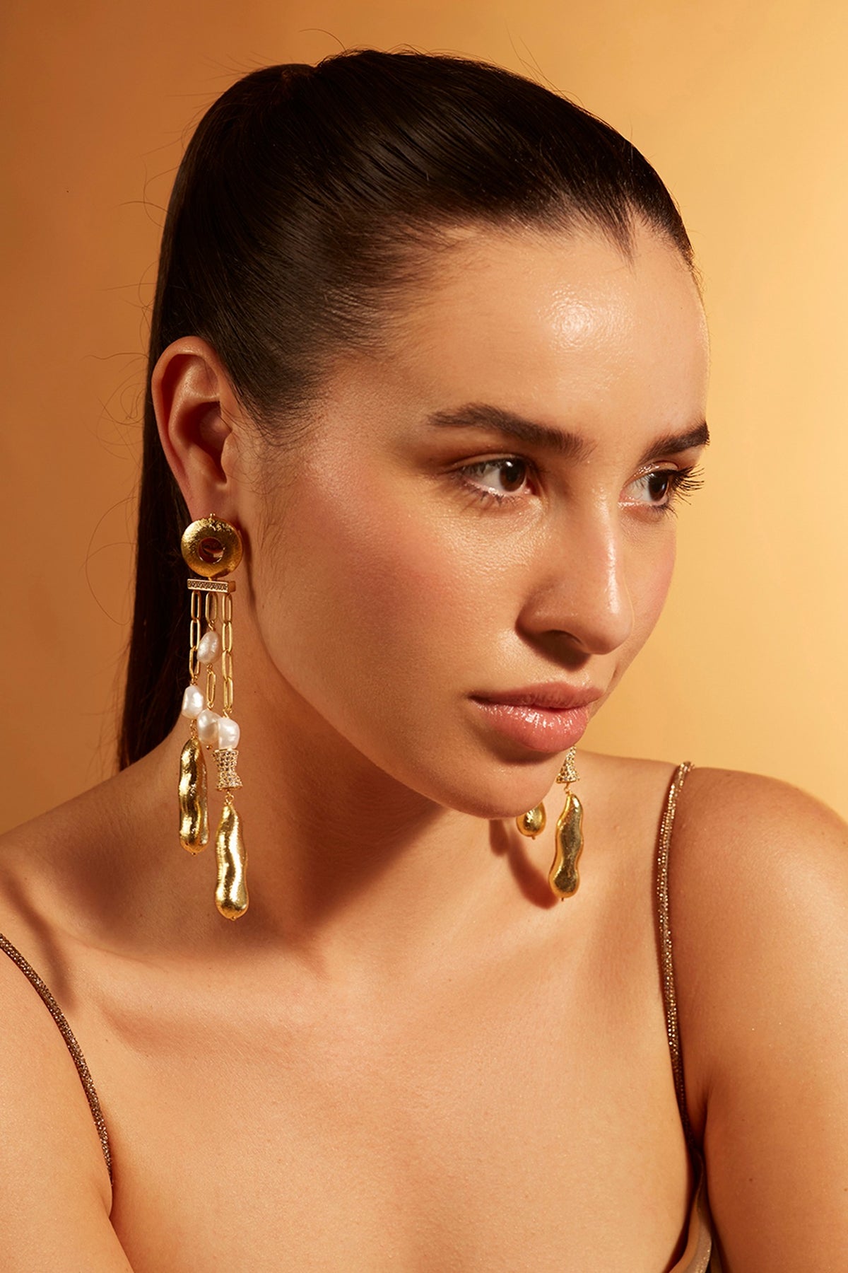 Gold Finish Pearl Dangler Earrings