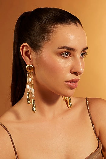 Gold Finish Pearl Dangler Earrings
