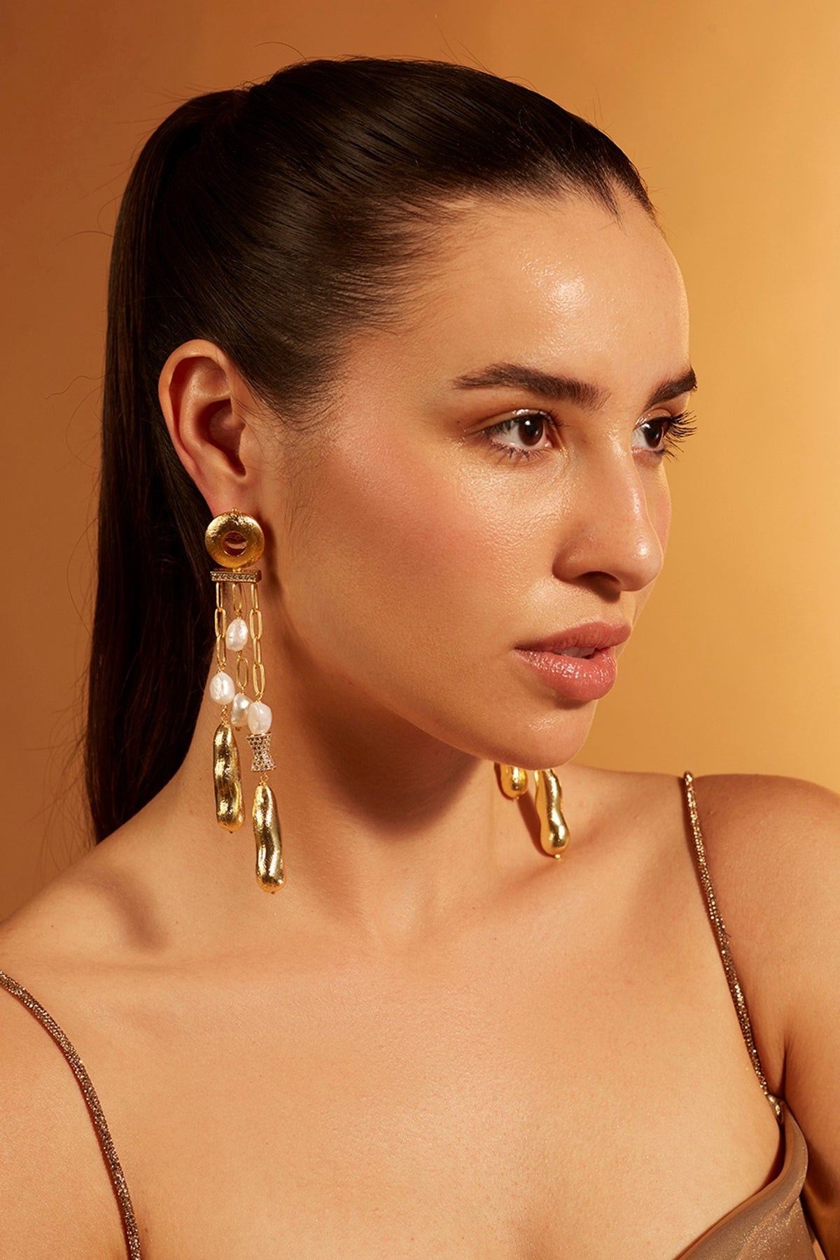 Gold Finish Pearl Dangler Earrings