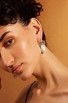 Gold Finish Diamond & Pearl Stud Earrings