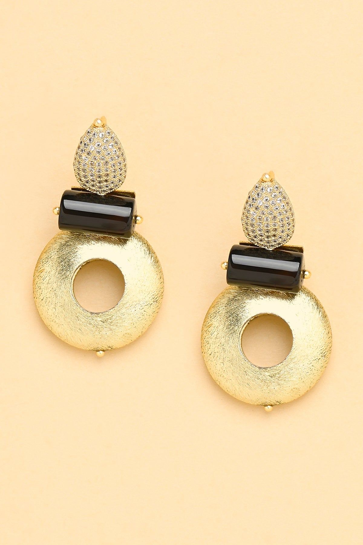 Gold Finish Diamond & Black Onyx Stud Earrings