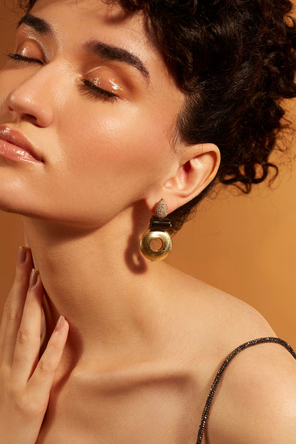 Gold Finish Diamond & Black Onyx Stud Earrings