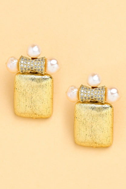 Gold Finish Diamond & Pearl Stud Earrings