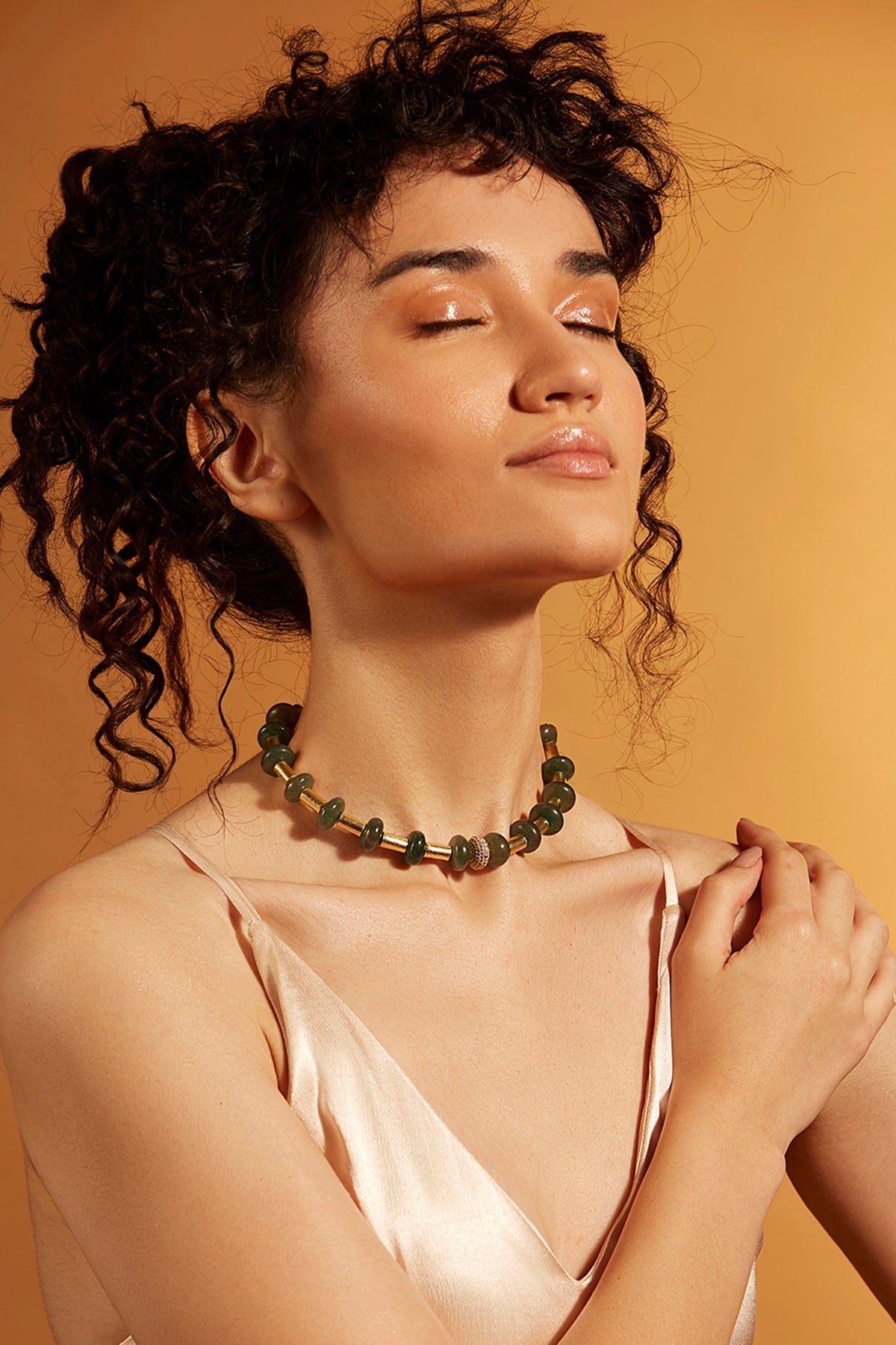 Gold Finish Agate & Jade Choker Necklace
