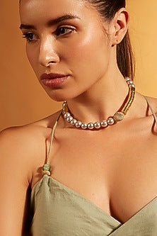 Gold Finish Grey Pearl & Chunklet Choker Necklace