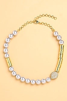 Gold Finish Grey Pearl & Chunklet Choker Necklace