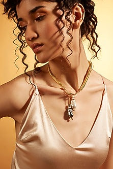 Gold Finish Diamond & Pearl Toggle Lariat Necklace