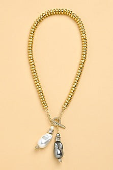 Gold Finish Diamond & Pearl Toggle Lariat Necklace