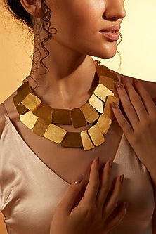 Gold Finish Bar Plastron Bib Necklace