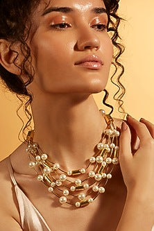 Gold Finish Layered Pearl Choker Necklace