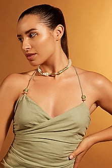 Gold Finish Pearl & Chunklet Choker Necklace