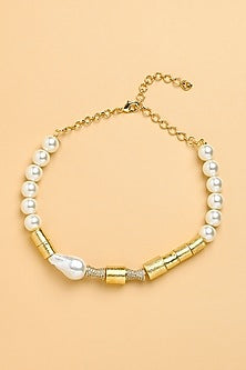 Gold Finish Pearl & Chunklet Choker Necklace
