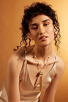 Gold Finish Diamond & Pearl Chain Lariat Necklace