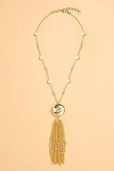 Gold Finish Diamond & Pearl Chain Lariat Necklace