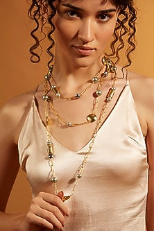 Gold Finish Grey Pearl & Chunklet Long Sautoir Necklace
