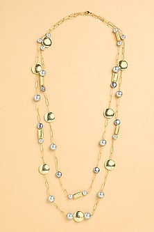 Gold Finish Grey Pearl & Chunklet Long Sautoir Necklace