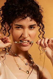 Gold Finish Grey Pearl & Chunklet Long Sautoir Necklace