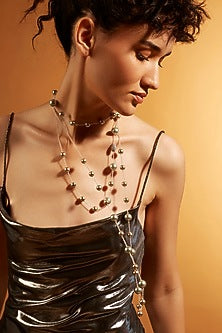 Gold Finish Grey Pearl Sautoir Necklace