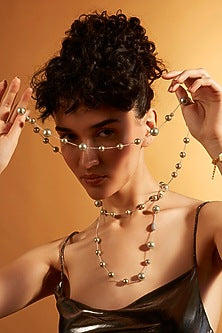 Gold Finish Grey Pearl Sautoir Necklace