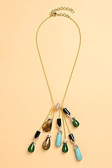 Gold Finish Multi-Colored Stone Cascade Lariat Necklace