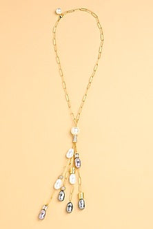 Gold Finish Pearl Cascade Lariat Necklace