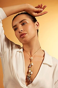 Gold Finish Pearl Cascade Lariat Necklace