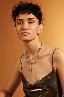 Gold Finish Pearl & Blue Onyx Beaded Lariat Necklace