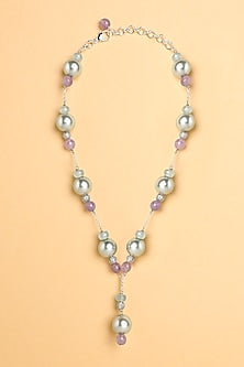 Gold Finish Pearl & Blue Onyx Beaded Lariat Necklace