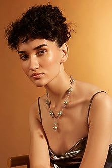 Gold Finish Pearl & Blue Onyx Beaded Lariat Necklace