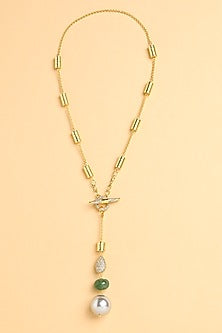 Gold Finish Jade & Pearl Lariat Necklace
