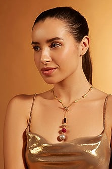 Gold Finish Red & Black Onyx Lariat Necklace
