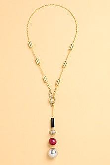 Gold Finish Red & Black Onyx Lariat Necklace