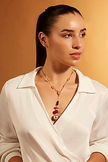 Gold Finish Red & Black Onyx Lariat Necklace