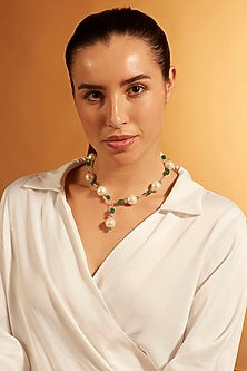 Gold Finish Pearl & Jade Lariat Necklace