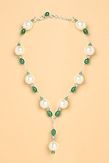 Gold Finish Pearl & Jade Lariat Necklace
