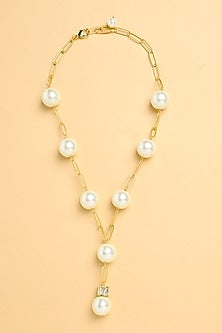 Gold Finish Pearl Lariat Necklace