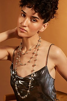 Gold Finish Grey Pearl & Diamond Sautoir Necklace