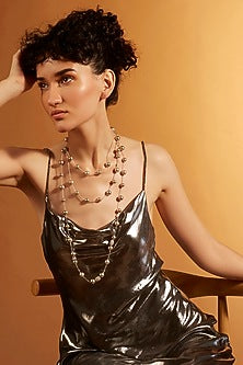 Gold Finish Grey Pearl & Diamond Sautoir Necklace