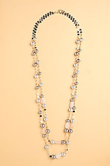 Gold Finish Pearl & Crystal Beaded Sautoir Necklace