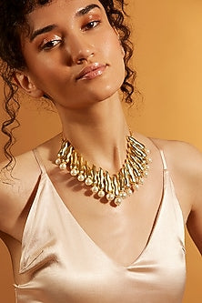 Gold Finish Pearl & Chunklet Collar Bib Necklace