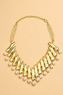 Gold Finish Pearl & Chunklet Collar Bib Necklace