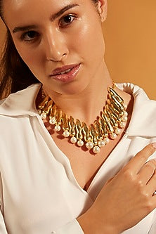 Gold Finish Pearl & Chunklet Collar Bib Necklace