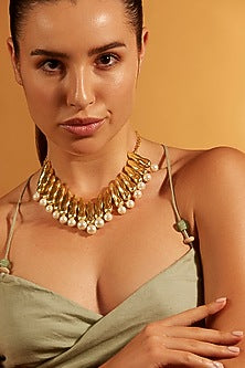 Gold Finish Pearl & Chunklet Collar Bib Necklace