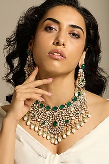 Gold Finish Kundan Polki & Deep Green Stone Necklace Set