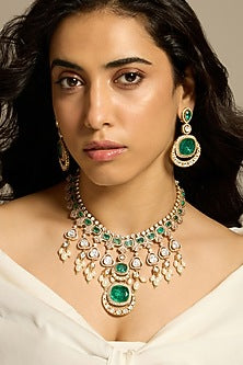 Gold Finish Kundan Polki & Green Stone Necklace Set
