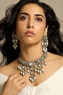 Gold Finish Grey & Green Stone Necklace Set