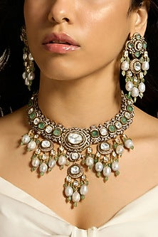 Gold Finish Grey & Green Stone Necklace Set
