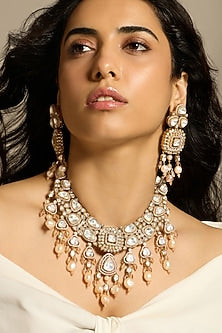 Gold Finish Pearl & Polki Diamond Necklace Set