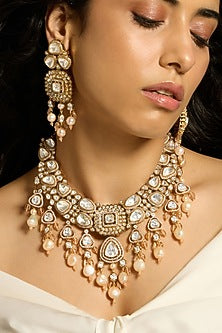 Gold Finish Pearl & Polki Diamond Necklace Set