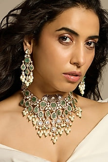 Gold Finish Kundan Polki & Green Stone Necklace Set